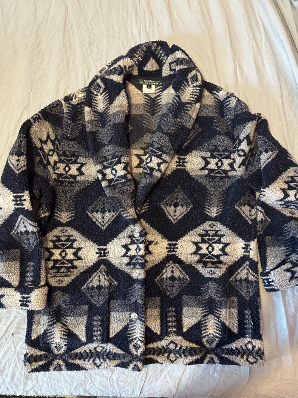 Vintage Lauren Ralph Lauren Southwest Shawl Fleece Cardigan Sweater L